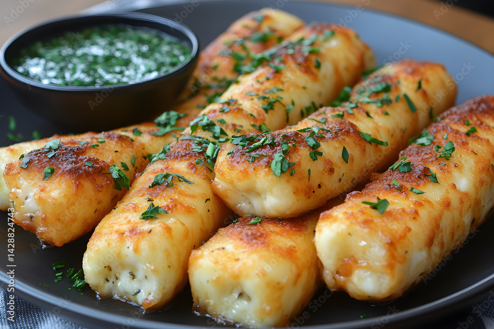 Cheese-stuffed mozzarella sticks served with spicy marinara sauce