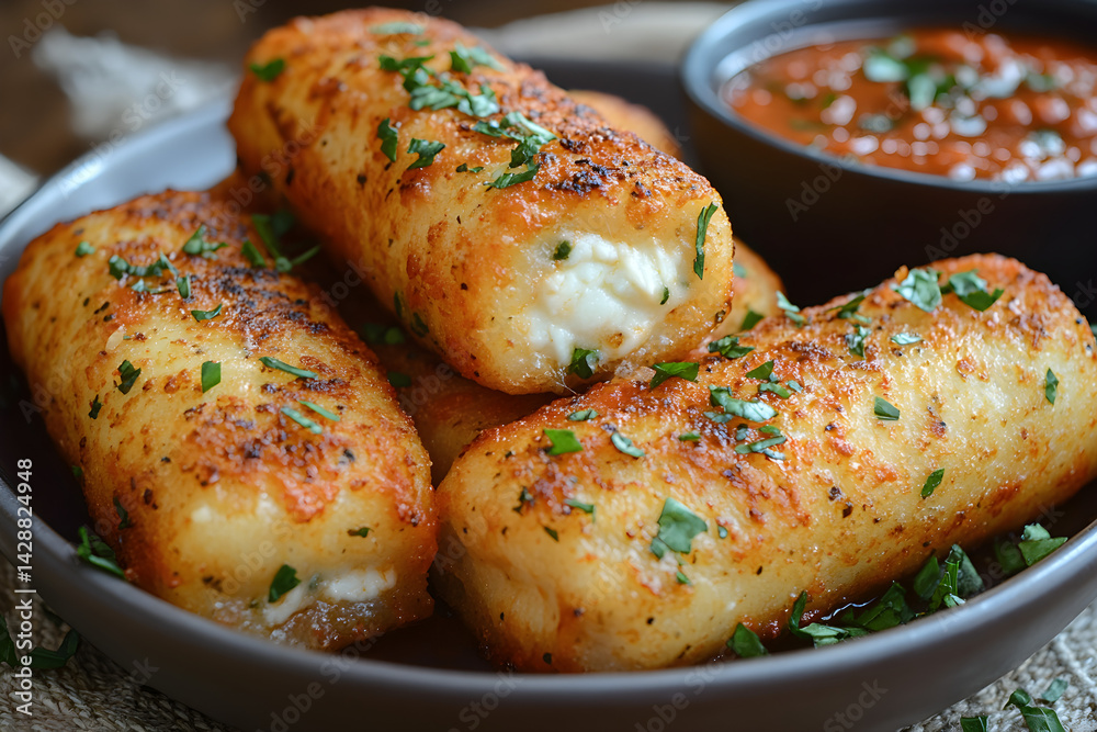 Cheese-stuffed mozzarella sticks served with spicy marinara sauce