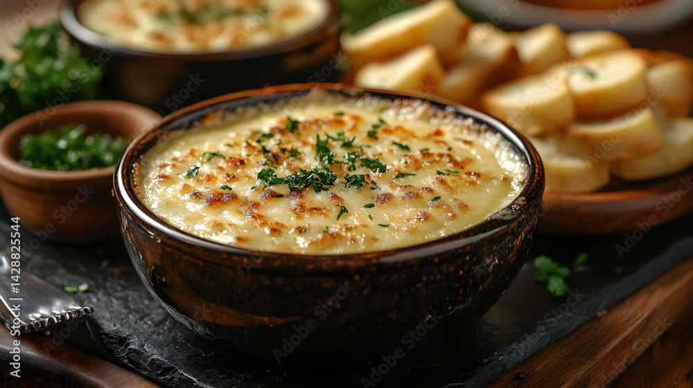Cheese Fondue presented on a black textured surface with elegant side garnishing