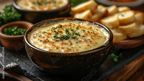 Obraz na płótnie Cheese Fondue presented on a black textured surface with elegant side garnishing w salonie