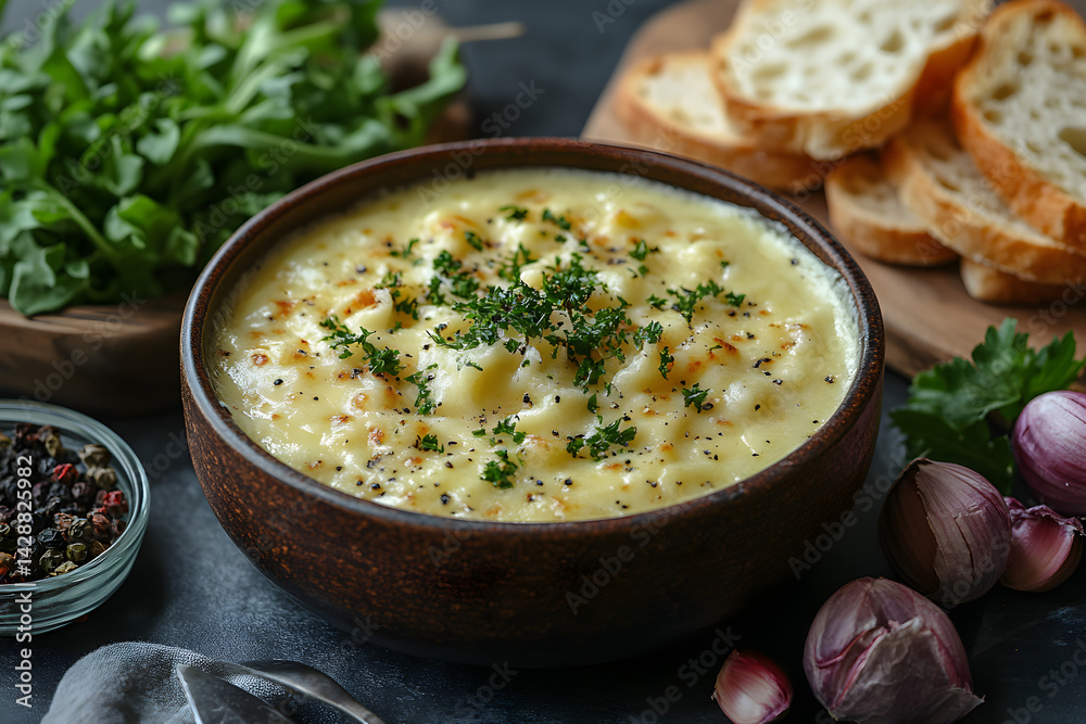 Cheese Fondue styled on dark grey background with clean plating and props