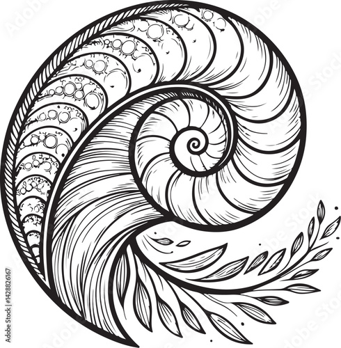 Spiral of Nautilus Pompilius Shell Black and White Vector Illustration, Sketch Drawing Line Linear Symbol Icon Engraving, Hand-drawn Isolated