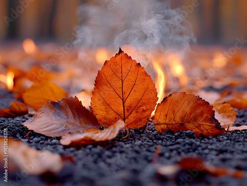 Fallen autumn leaves lie on the ground with smoke rising from underneath creating a warm autumnal scene