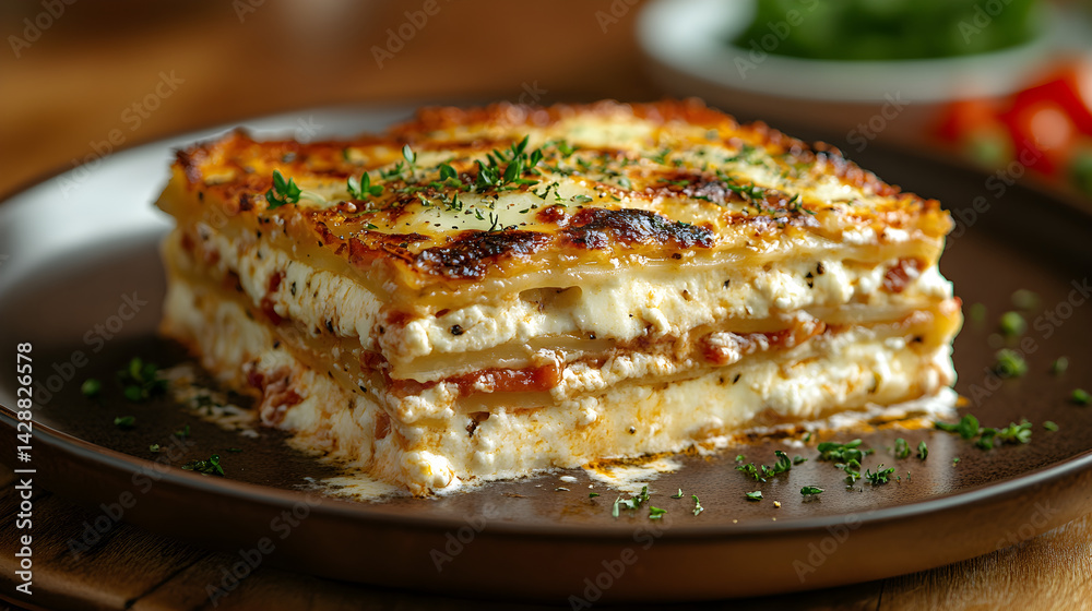 Cheese lasagna with layers of ricotta, mozzarella, and marinara sauce