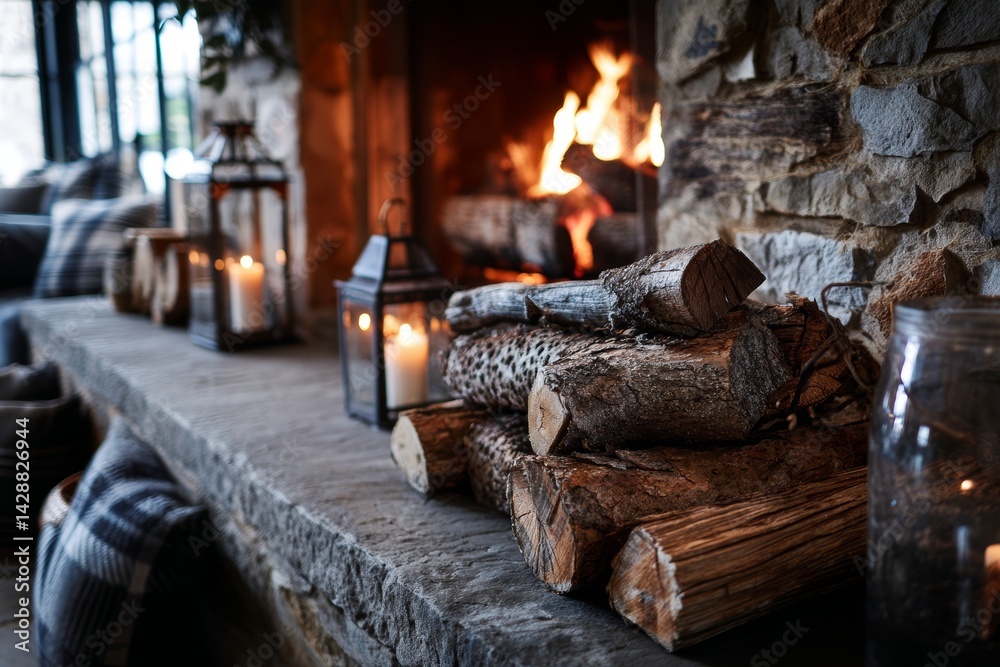 Cozy fireplace with crackling logs and warm lighting for a homely feel.