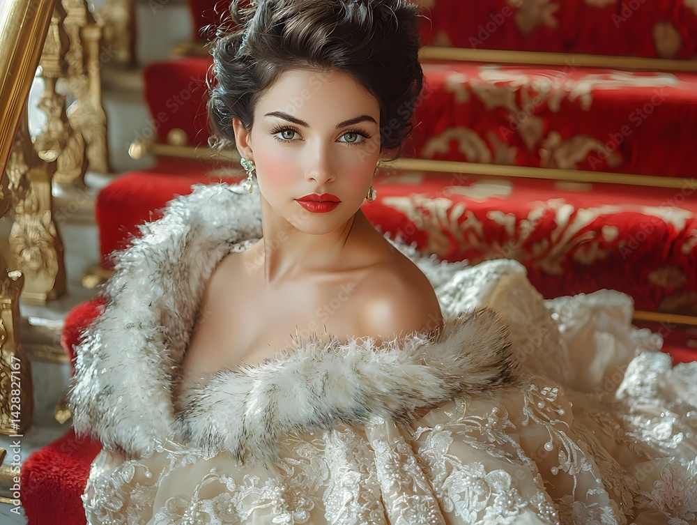 A glamorous 1950s woman in a lavish ball gown poses on a grand staircase