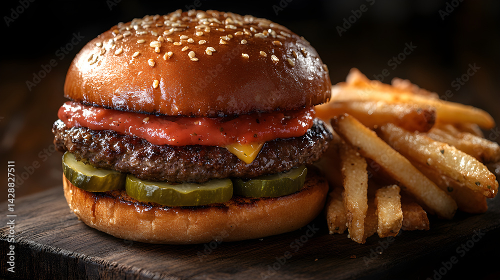 Cheeseburger served with crispy fries and a pickle slice