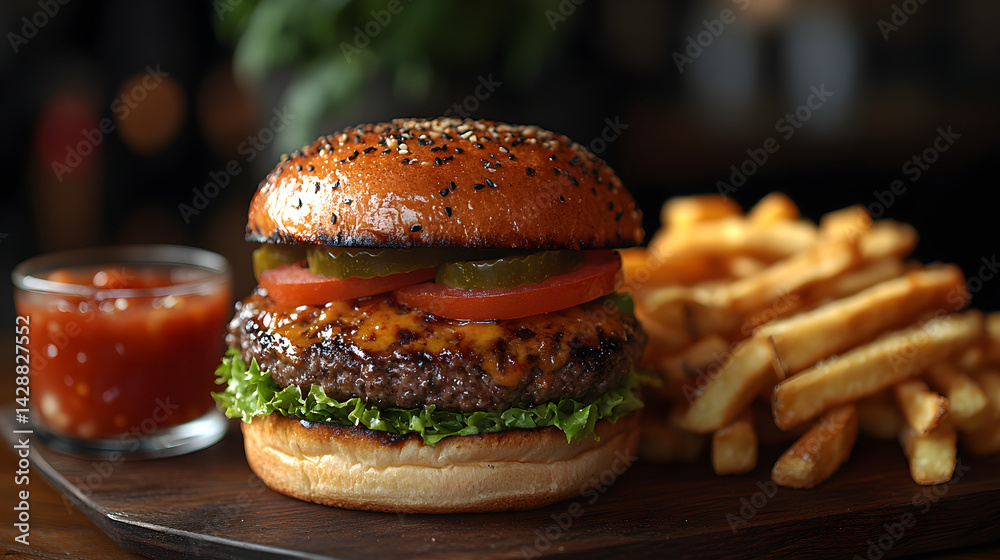 Cheeseburger served with lettuce, tomato, and a side of crispy fries