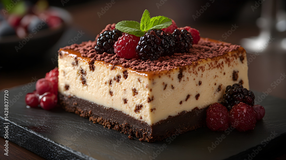 Cheesecake presented on a black textured surface with elegant side garnishing