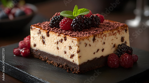 Obraz na płótnie Cheesecake presented on a black textured surface with elegant side garnishing w salonie
