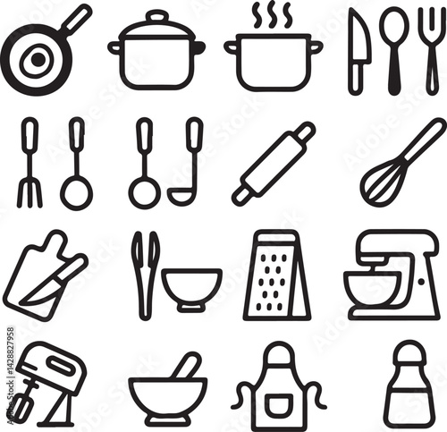 Kitchen Utensils: An assortment of essential kitchen utensils. This meticulously composed illustration showcases a comprehensive collection of tools for various culinary tasks.