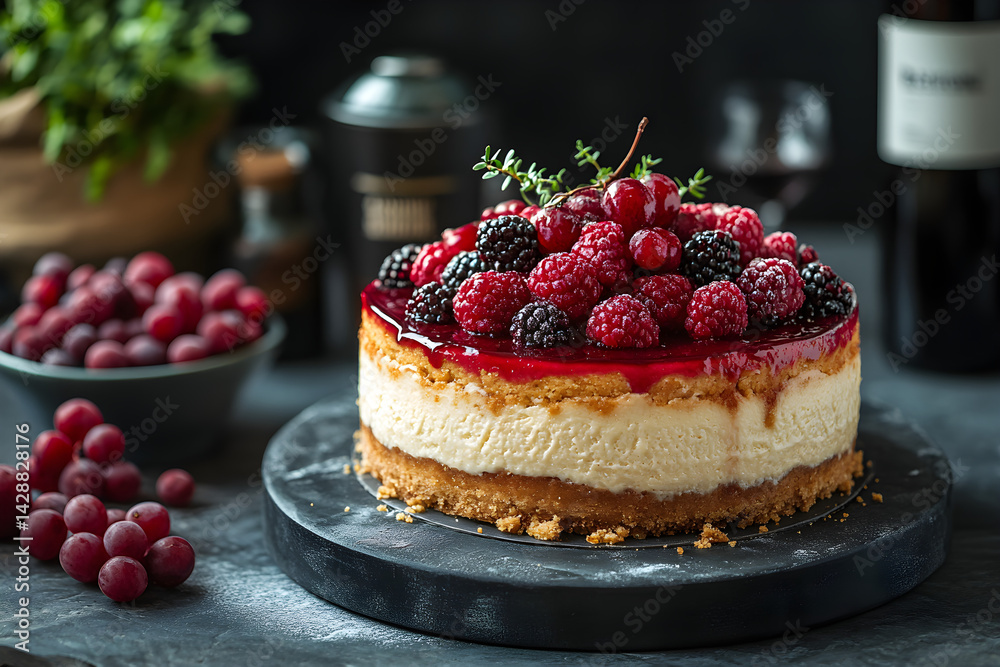 Cheesecake styled on dark grey background with clean plating and props