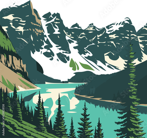 Mountain Lake: A breathtaking illustration showcases a serene mountain lake embraced by towering peaks, with lush green forests and a pristine sky. Capturing nature's grand design.