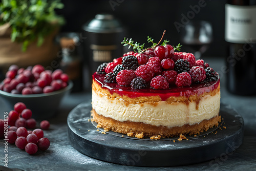 Obraz na płótnie Cheesecake styled on dark grey background with clean plating and props w salonie