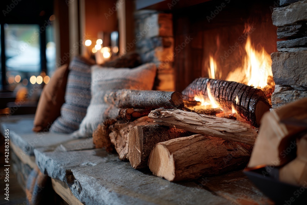 Cozy fireplace with crackling logs and warm lighting for a homely feel.