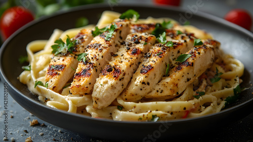 Obraz na płótnie Chicken Alfredo served on dark grey textured plate with fresh garnish top view w salonie