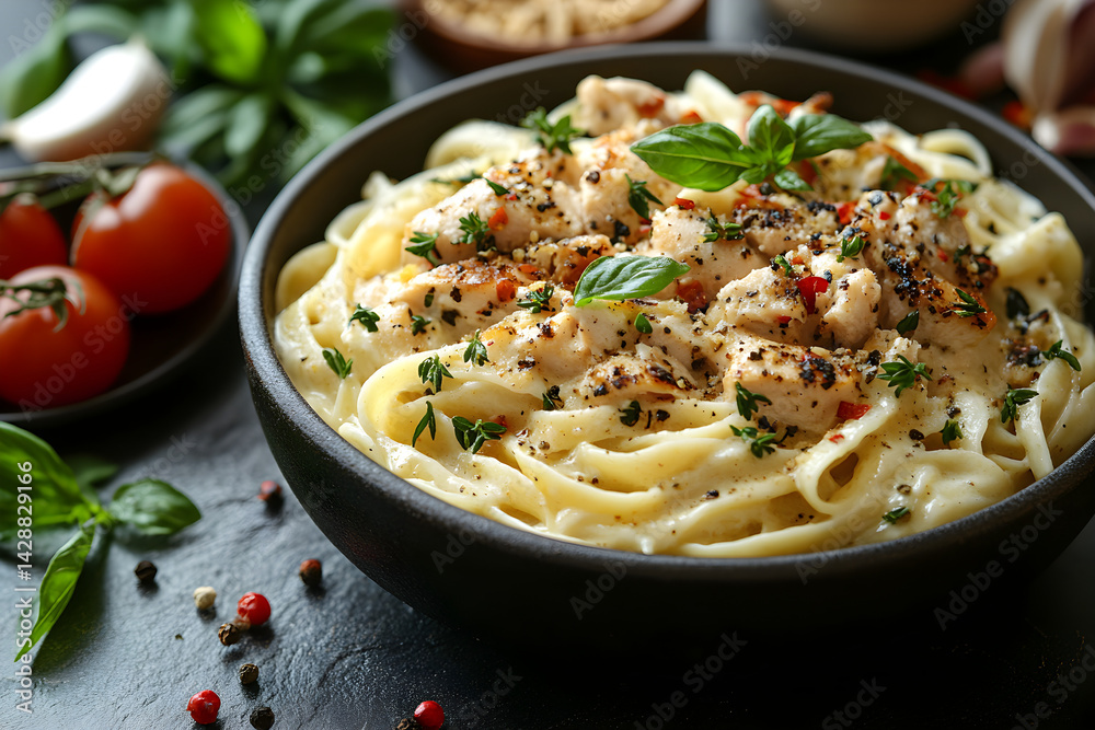 Chicken Alfredo styled on rustic black stone table with side ingredients