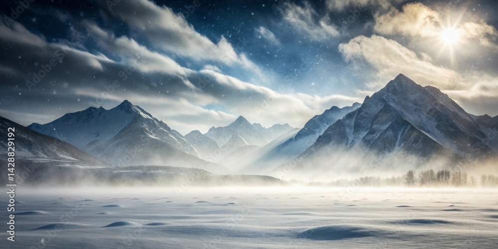 Fototapeta premium A Majestic Winter Scene Snow-Covered Mountains Under a Dramatic Sky with a Brilliant Sun