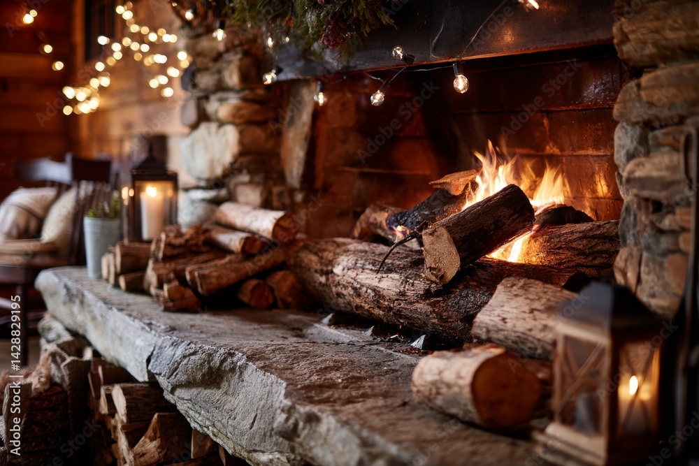 Cozy fireplace with crackling logs and warm lighting for a homely feel.