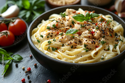 Obraz na płótnie Chicken Alfredo styled on rustic black stone table with side ingredients w salonie