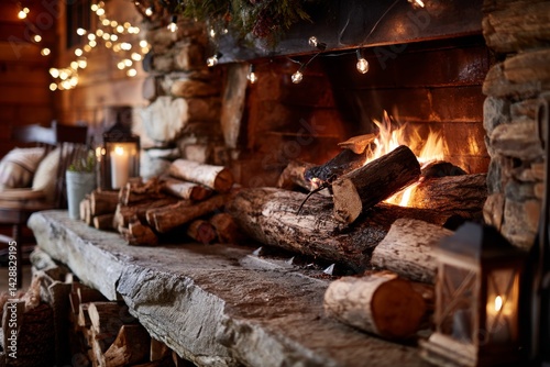 Obraz na płótnie Cozy fireplace with crackling logs and warm lighting for a homely feel. w salonie