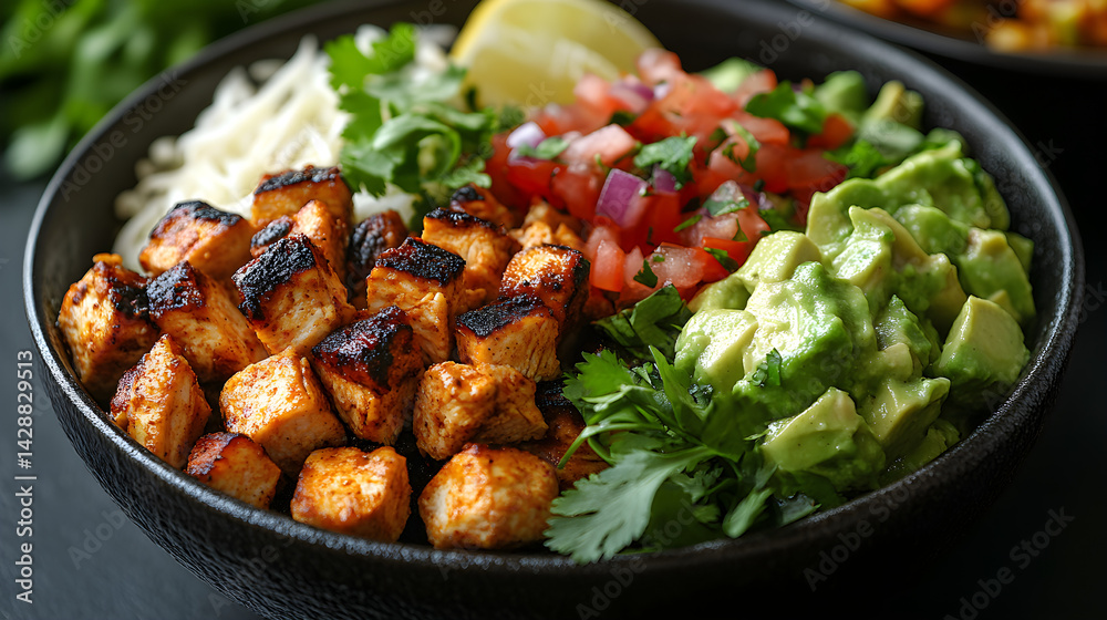 Chicken Burrito Bowl presented on a black textured surface with elegant side garnishing