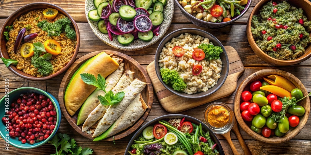Aromatic Vegetarian Feast Diverse Dishes Featuring Colorful Vegetables, Grains, and Herbs Arranged on Rustic Wooden Table