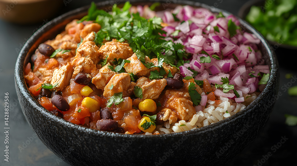 Chicken Burrito Bowl presented on a black textured surface with elegant side garnishing