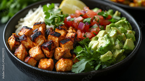 Obraz na płótnie Chicken Burrito Bowl presented on a black textured surface with elegant side garnishing w salonie