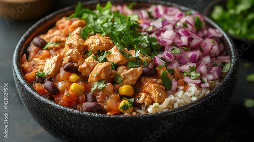 Obraz na płótnie Chicken Burrito Bowl presented on a black textured surface with elegant side garnishing w salonie