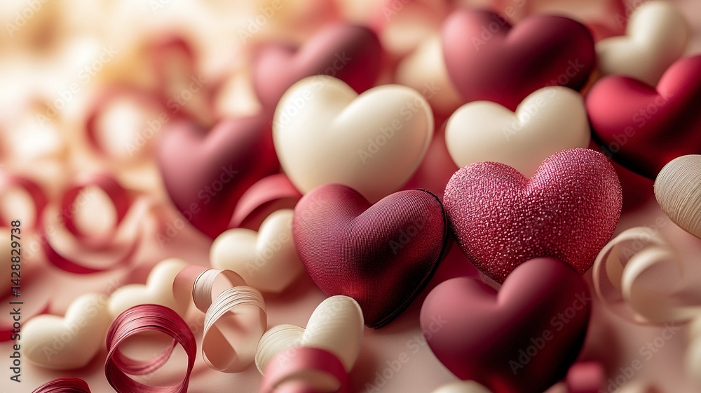 Fototapeta premium Modern Valentineâ€™s composition with burgundy and cream hearts and curled paper streamers 