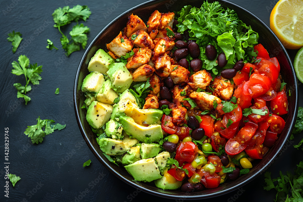 Chicken Burrito Bowl styled on dark grey background with clean plating and props
