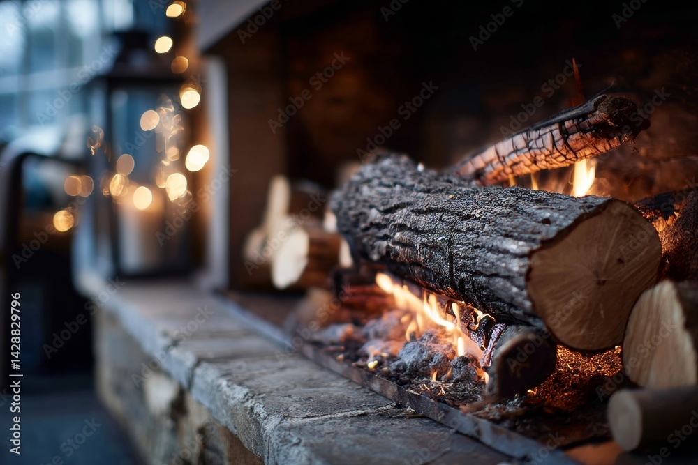Cozy fireplace with crackling logs and warm lighting for a homely feel.