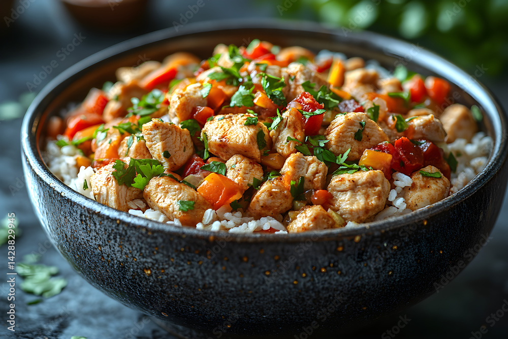 Chicken Burrito Bowl styled on dark grey background with clean plating and props