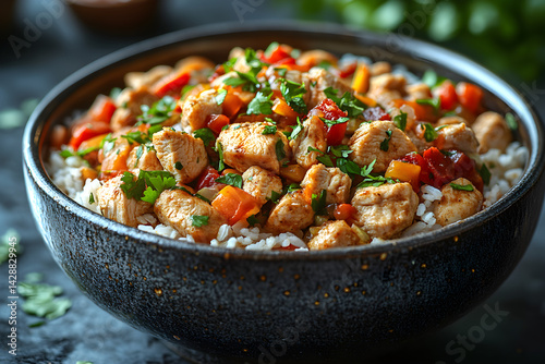 Obraz na płótnie Chicken Burrito Bowl styled on dark grey background with clean plating and props w salonie