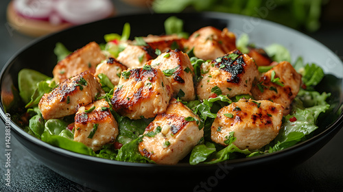 Obraz na płótnie Chicken Caesar Salad presented on a black textured surface with elegant side garnishing w salonie