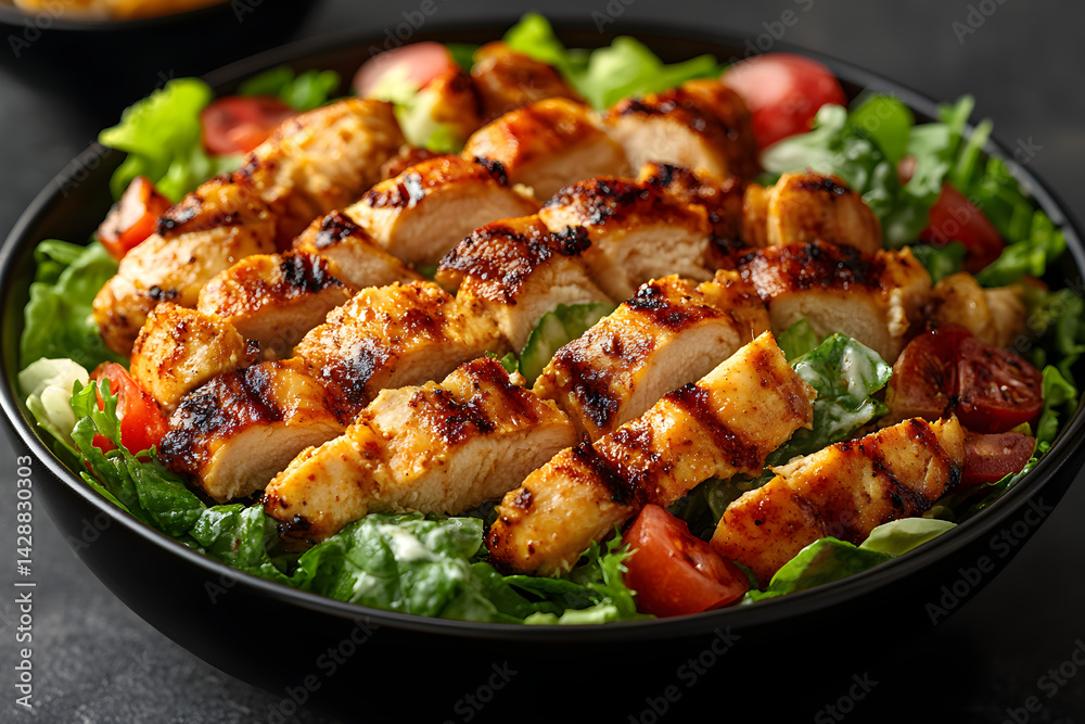 Chicken Caesar Salad styled on dark grey background with clean plating and props