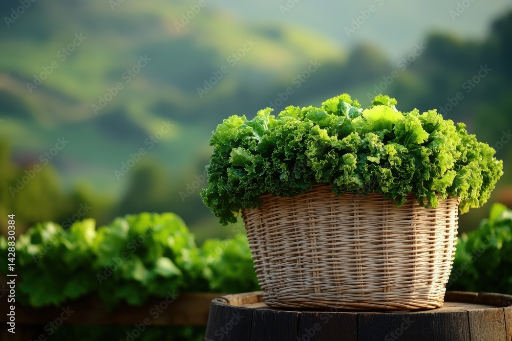 Freshly harvested greens rest in a rustic basket amidst a verdant rural landscape. Freshly harvested greens rest in a rustic basket amidst a verdant rural landscape.