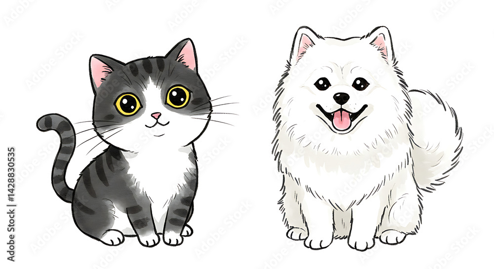 Fototapeta premium Adorable Cat and Pomeranian Dog Illustration Cute Pet Drawing