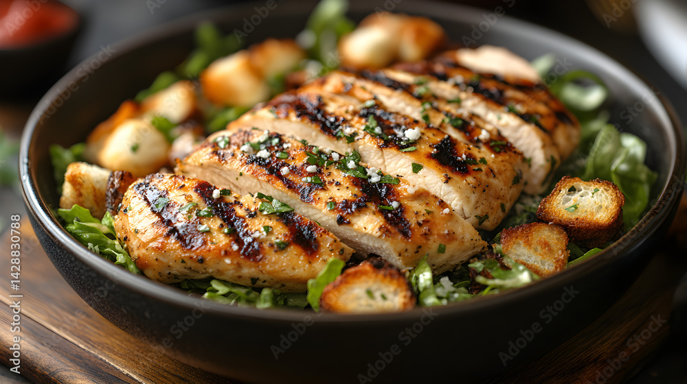 Chicken Caesar salad with grilled chicken, croutons, and parmesan