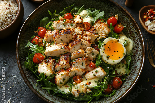 Obraz na płótnie Chicken Caesar Salad styled on dark grey background with clean plating and props w salonie