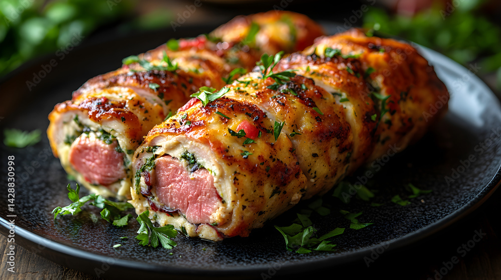 Chicken Cordon Bleu served on dark grey textured plate with fresh garnish top view