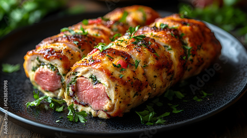 Obraz na płótnie Chicken Cordon Bleu served on dark grey textured plate with fresh garnish top view w salonie
