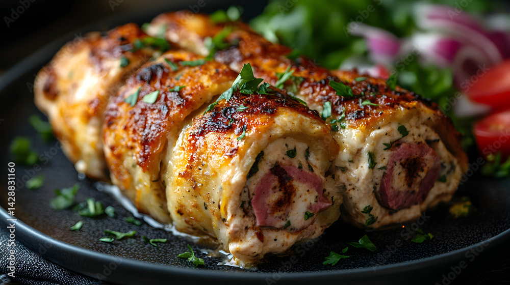 Chicken Cordon Bleu served on dark grey textured plate with fresh garnish top view