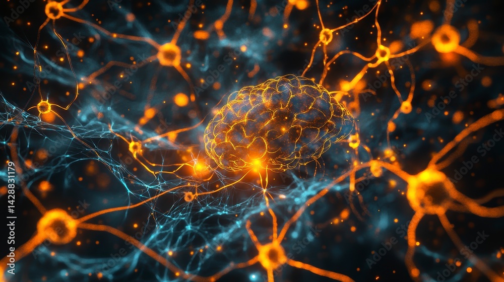 Abstract brain neurons network, glowing connections, neural pathways. Abstract brain neurons network, glowing connections, neural pathways.