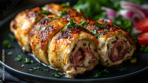 Chicken Cordon Bleu served on dark grey textured plate with fresh garnish top view