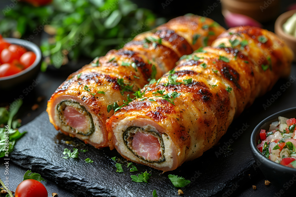 Chicken Cordon Bleu styled on rustic black stone table with side ingredients