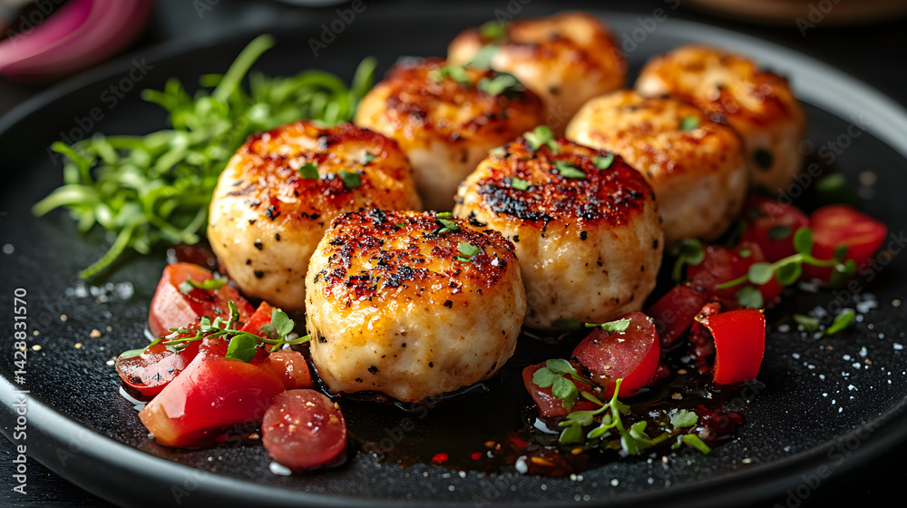 Chicken Croquettes presented on a black textured surface with elegant side garnishing