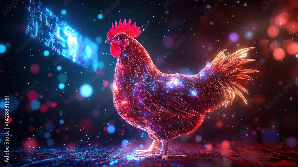 Fototapeta premium Rooster digital art, glowing, bokeh background, festive
