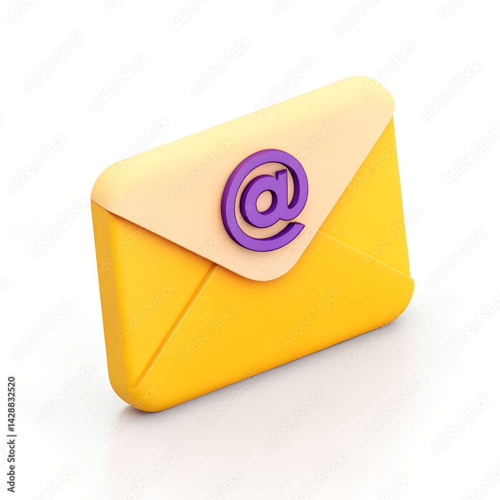 3D Email Envelope Icon with At Symbol for Messaging and Digital Communication - Yellow and Purple Modern Design
